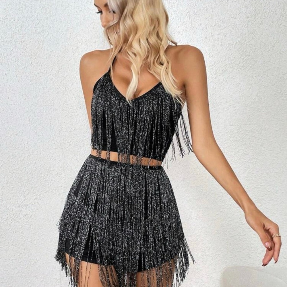 Sexy Halter Crop Top & Mini Skirt 2 Piece Set With Fringe